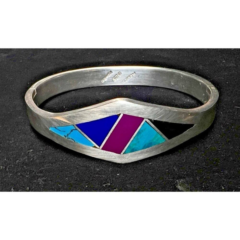 Vintage Taxco Sterling Silver Hinged Cuff Bangle Bracelet 45g Multi Stone Inlay
